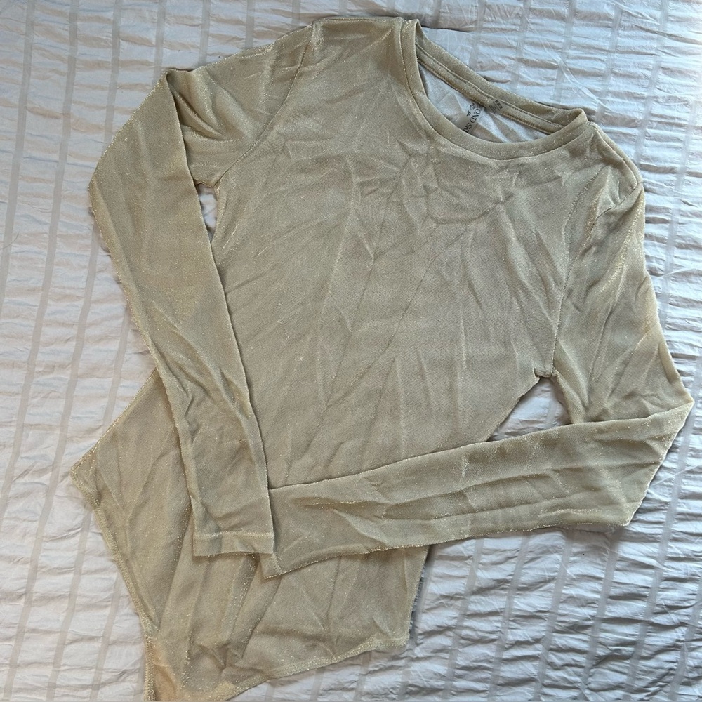 Sheer Shimmer Mesh Long Sleeve Bodysuit | Champagne Gold | Size Medium